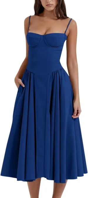 Womens Corset Dress Elegant Spaghetti Strap Bustier Midi Dress Flowy Pleated Hem Low Cut Prom Dresses with Pockets