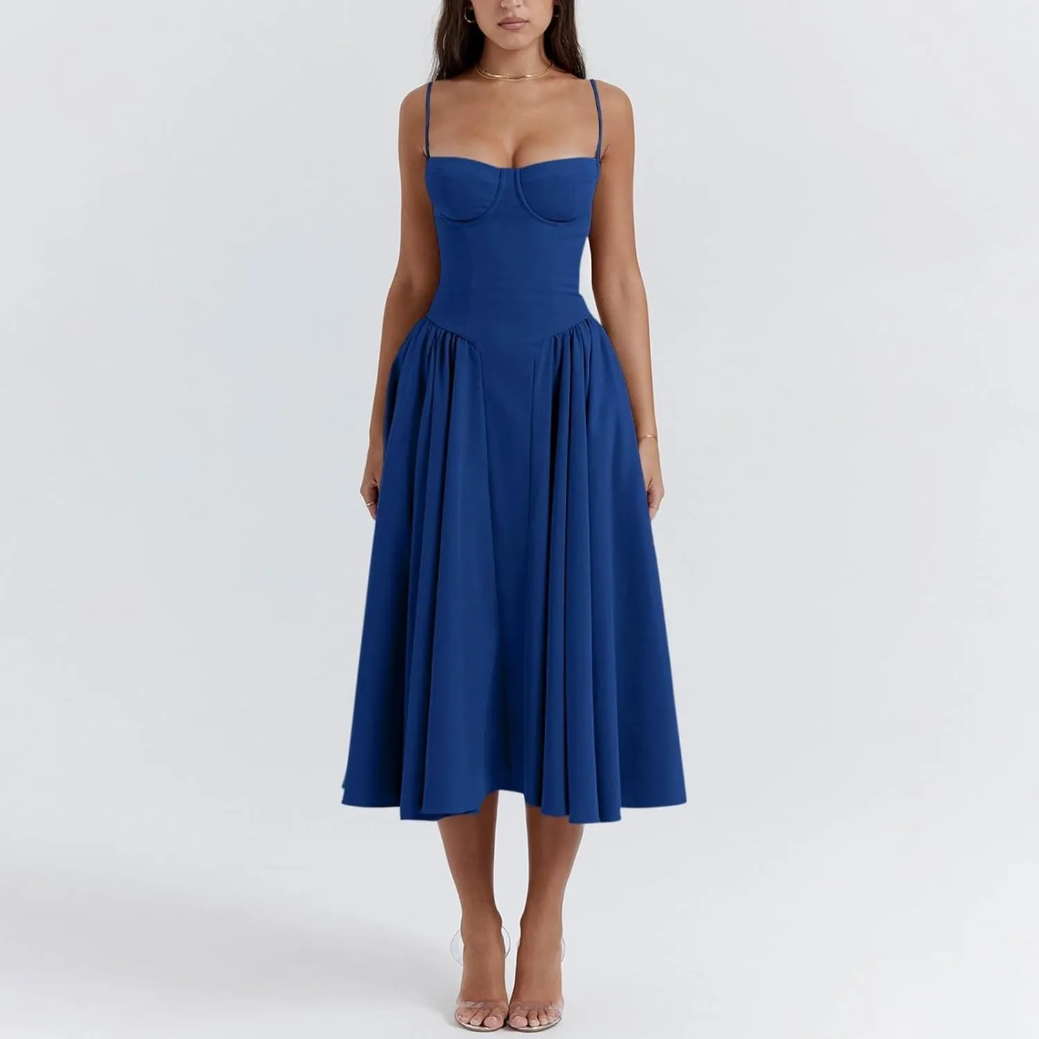 Womens Corset Dress Elegant Spaghetti Strap Bustier Midi Dress Flowy Pleated Hem Low Cut Prom Dresses with Pockets
