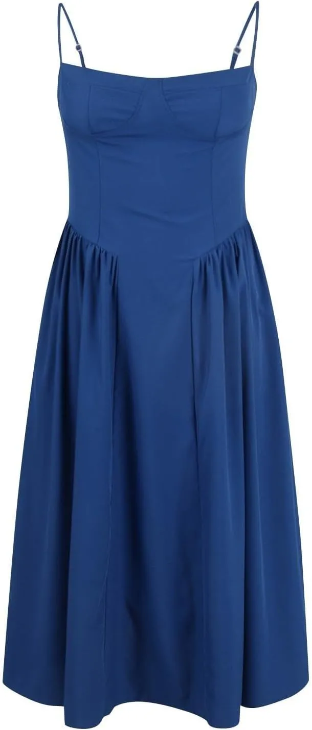 Womens Corset Dress Elegant Spaghetti Strap Bustier Midi Dress Flowy Pleated Hem Low Cut Prom Dresses with Pockets