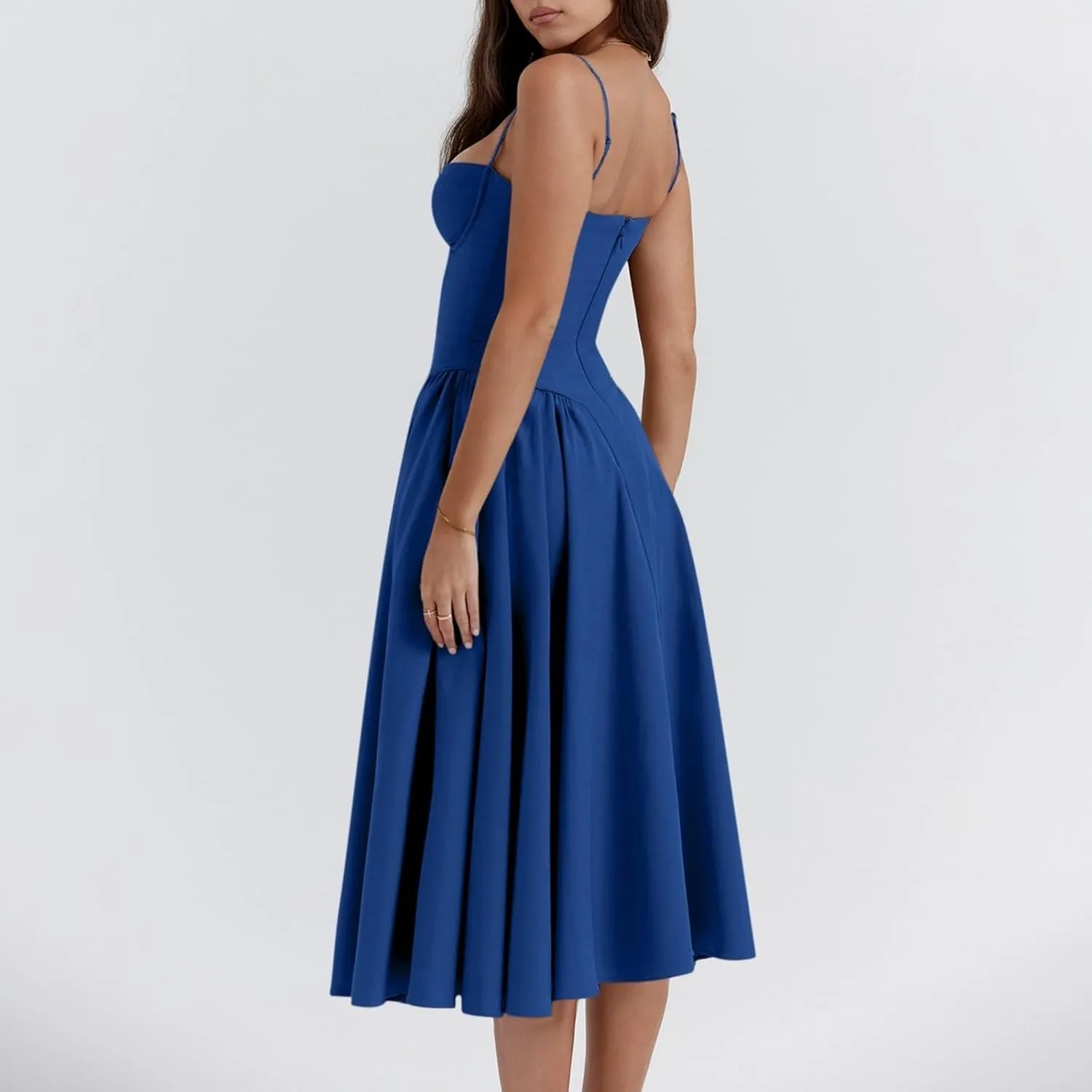 Womens Corset Dress Elegant Spaghetti Strap Bustier Midi Dress Flowy Pleated Hem Low Cut Prom Dresses with Pockets