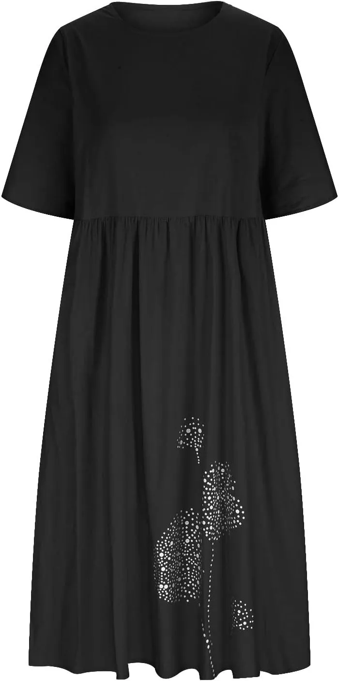 Women's Cotton Linen Midi Dress Summer Short Sleeve Dresses Elegant Casual A-Line Solid Tshirt Sundress with Pockets