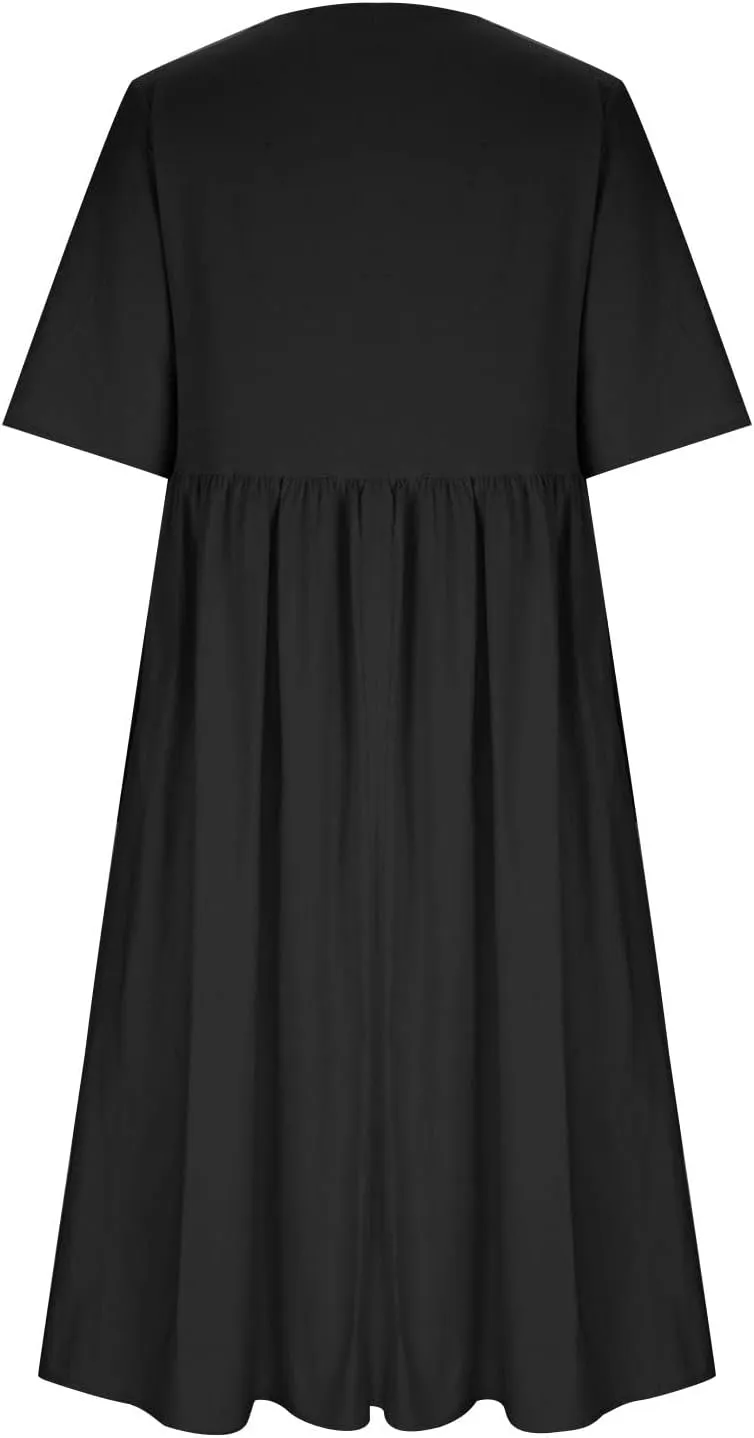 Women's Cotton Linen Midi Dress Summer Short Sleeve Dresses Elegant Casual A-Line Solid Tshirt Sundress with Pockets