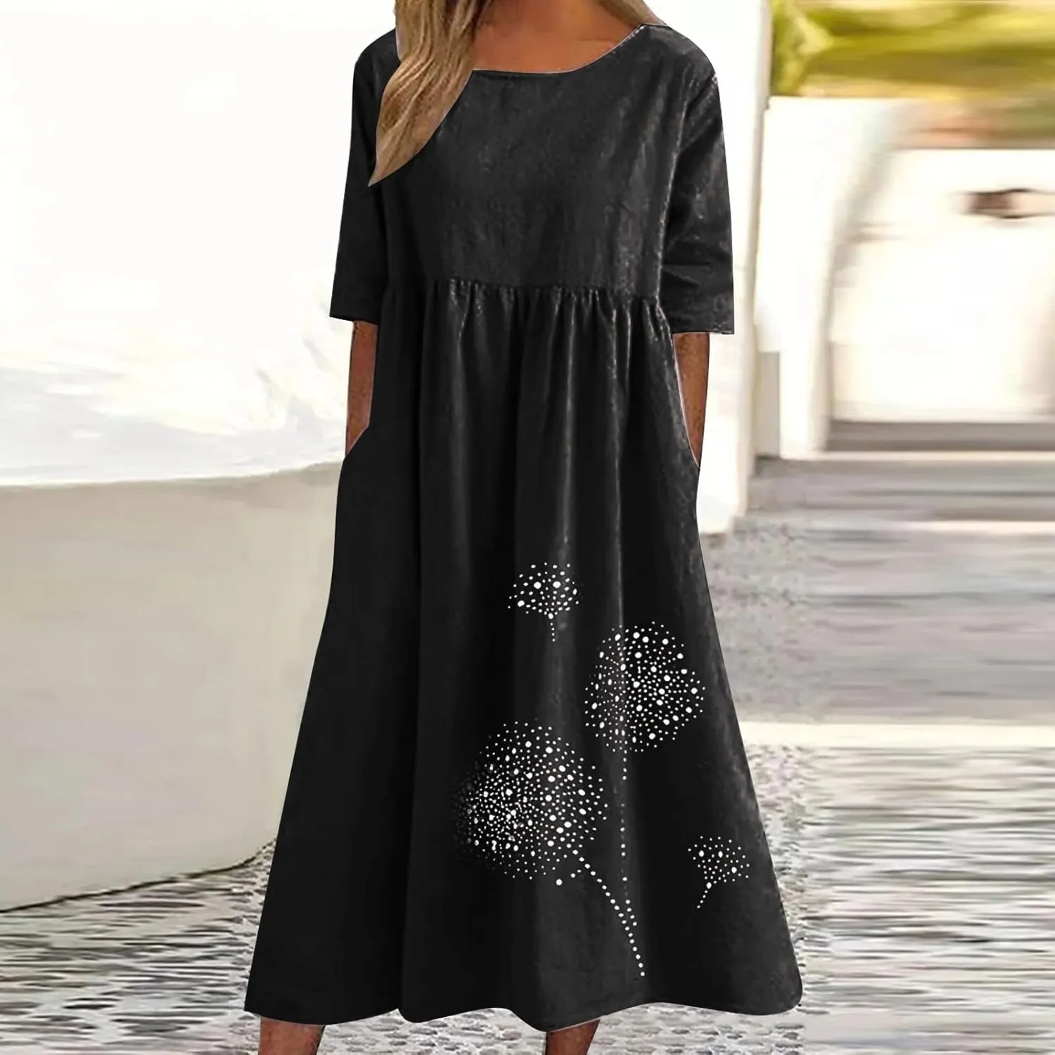 Women's Cotton Linen Midi Dress Summer Short Sleeve Dresses Elegant Casual A-Line Solid Tshirt Sundress with Pockets