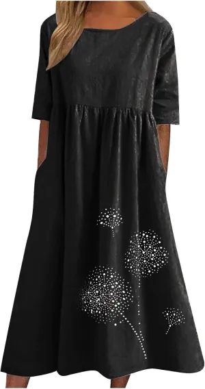 Women's Cotton Linen Midi Dress Summer Short Sleeve Dresses Elegant Casual A-Line Solid Tshirt Sundress with Pockets