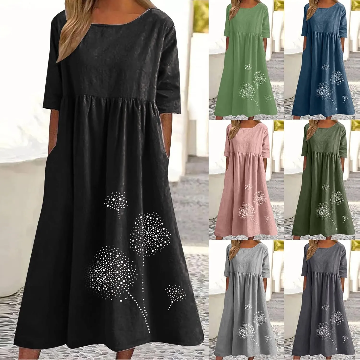 Women's Cotton Linen Midi Dress Summer Short Sleeve Dresses Elegant Casual A-Line Solid Tshirt Sundress with Pockets