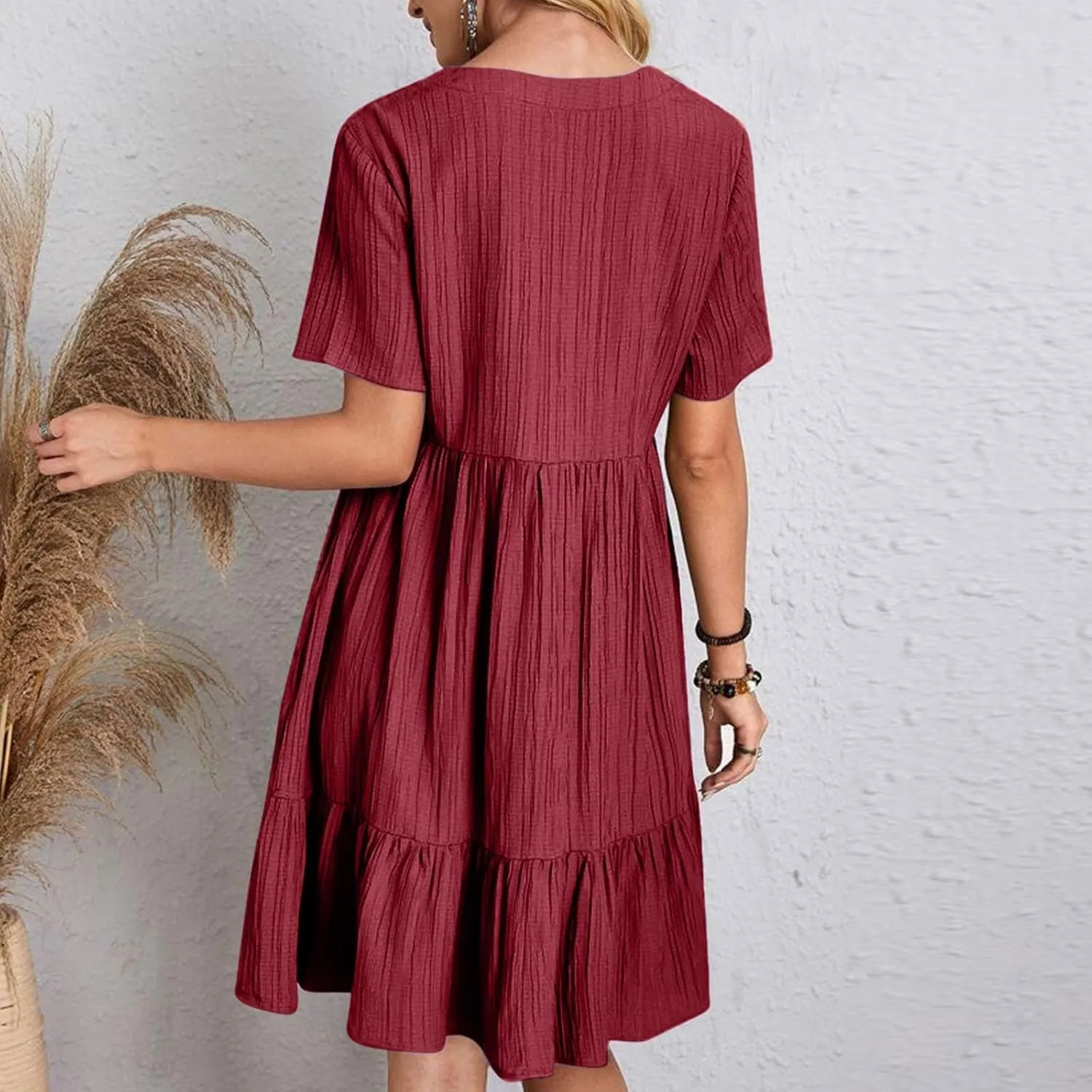 Women's Cotton Linen Short Sleeve Casual V Neck Mini Dress A Line Loose Pleated Flowy Dresses Beach Vacation Outfits