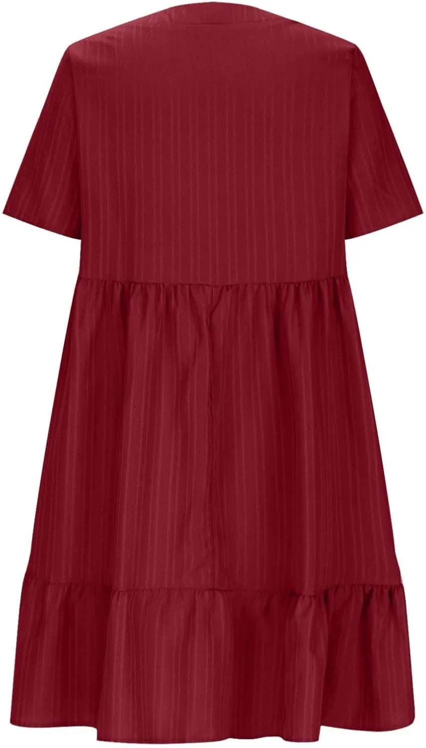 Women's Cotton Linen Short Sleeve Casual V Neck Mini Dress A Line Loose Pleated Flowy Dresses Beach Vacation Outfits
