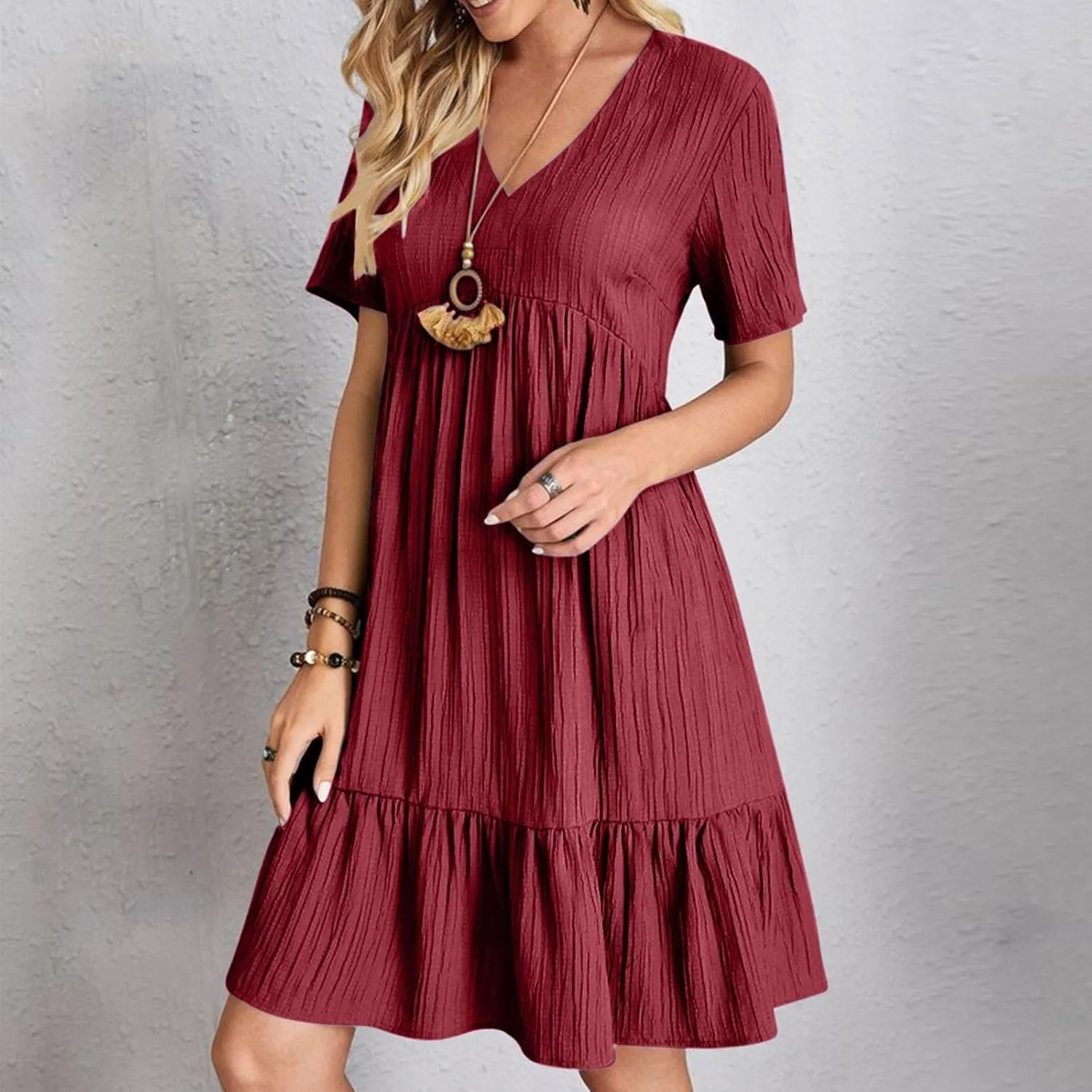 Women's Cotton Linen Short Sleeve Casual V Neck Mini Dress A Line Loose Pleated Flowy Dresses Beach Vacation Outfits