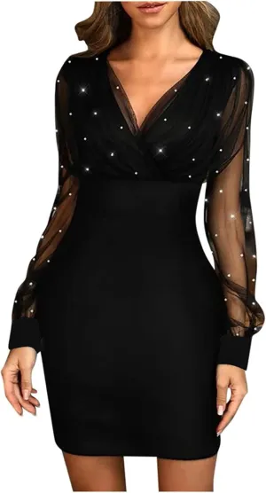 Womens Dresses Sexy Sheer Mesh Long Sleeve Mini Dress Ruched Bodycon Cocktail Party Dress Elegant V Neck Dresses