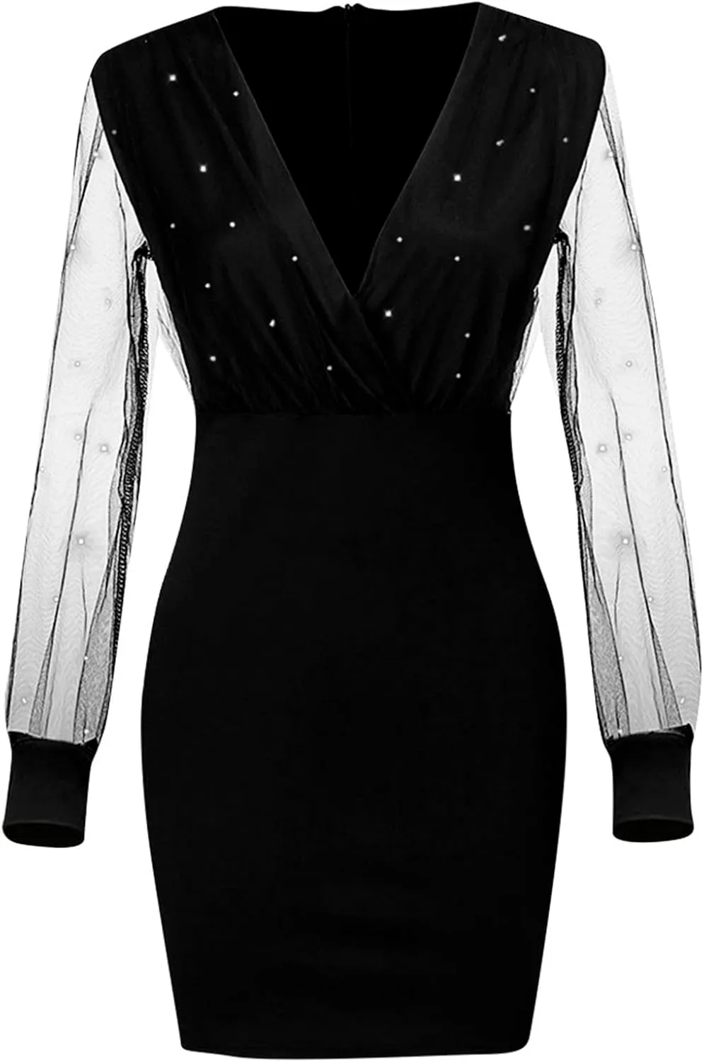 Womens Dresses Sexy Sheer Mesh Long Sleeve Mini Dress Ruched Bodycon Cocktail Party Dress Elegant V Neck Dresses