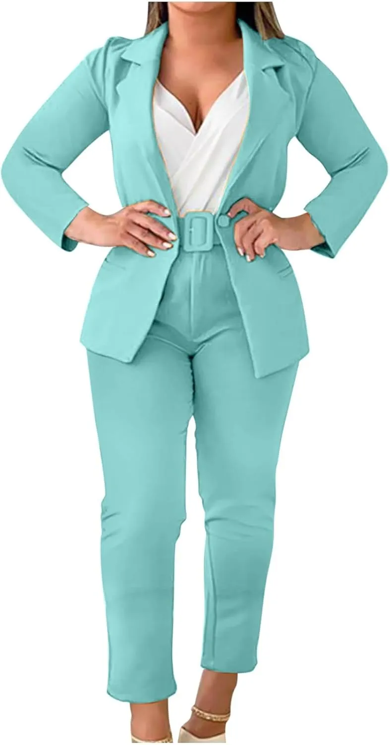 Women's Dressy Suit 2 Piece Business Outfits Long Sleeve Lapel Single Button Blazer and Pencil Pant with Belt Sets