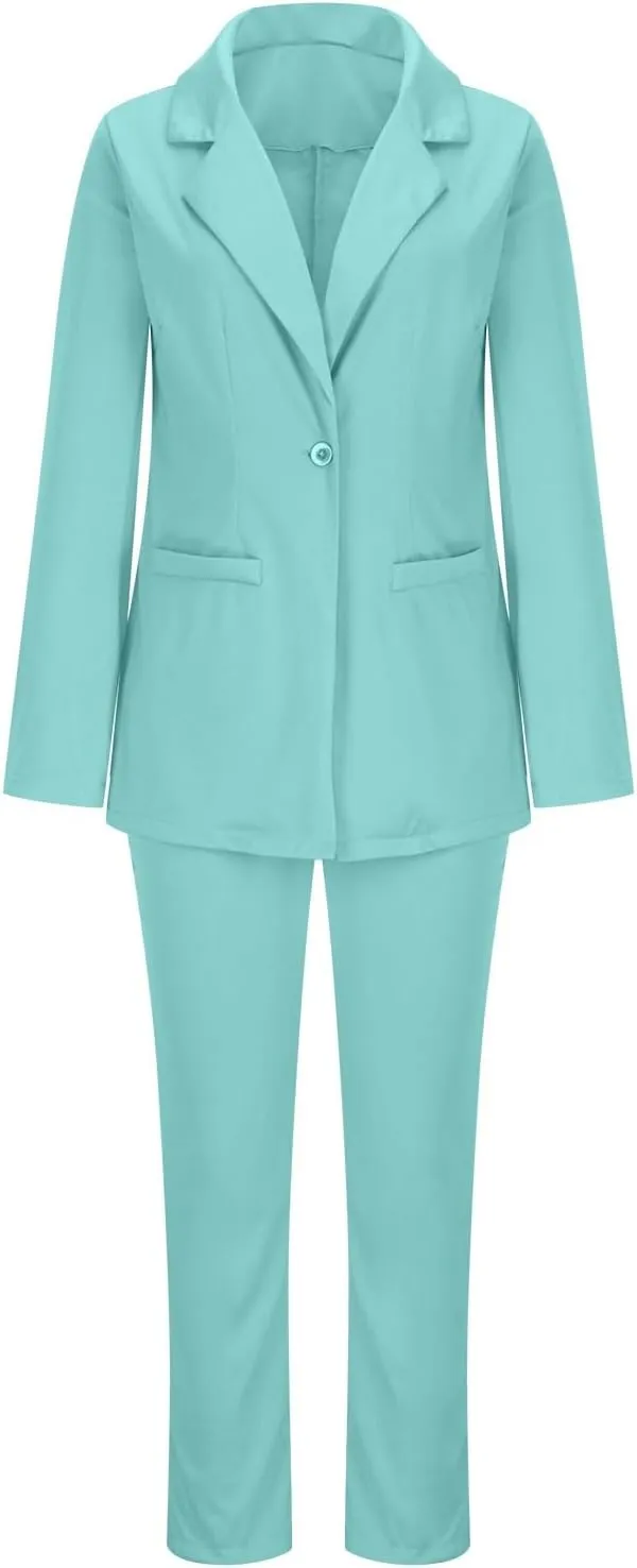 Women's Dressy Suit 2 Piece Business Outfits Long Sleeve Lapel Single Button Blazer and Pencil Pant with Belt Sets