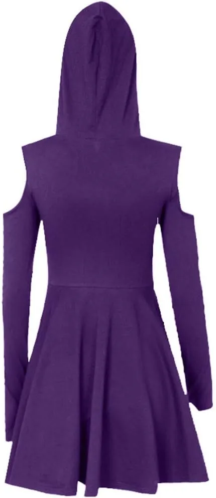 Women's Fit and Flare Style Fashion Gothic Pure Color Hooded Low Cut Cold Shoulder Zippe Mini Dress