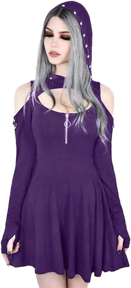 Women's Fit and Flare Style Fashion Gothic Pure Color Hooded Low Cut Cold Shoulder Zippe Mini Dress