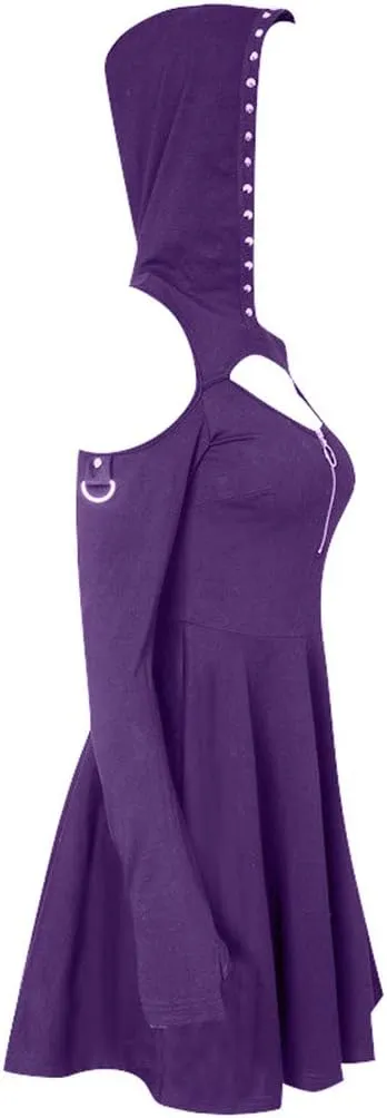 Women's Fit and Flare Style Fashion Gothic Pure Color Hooded Low Cut Cold Shoulder Zippe Mini Dress