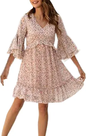 Women's Floral BohoSweet & Cute V-Neck Bell Sleeve Mini A-Line Dresses Summer Fall Casual Flowy Ruffle Chiffon Dress