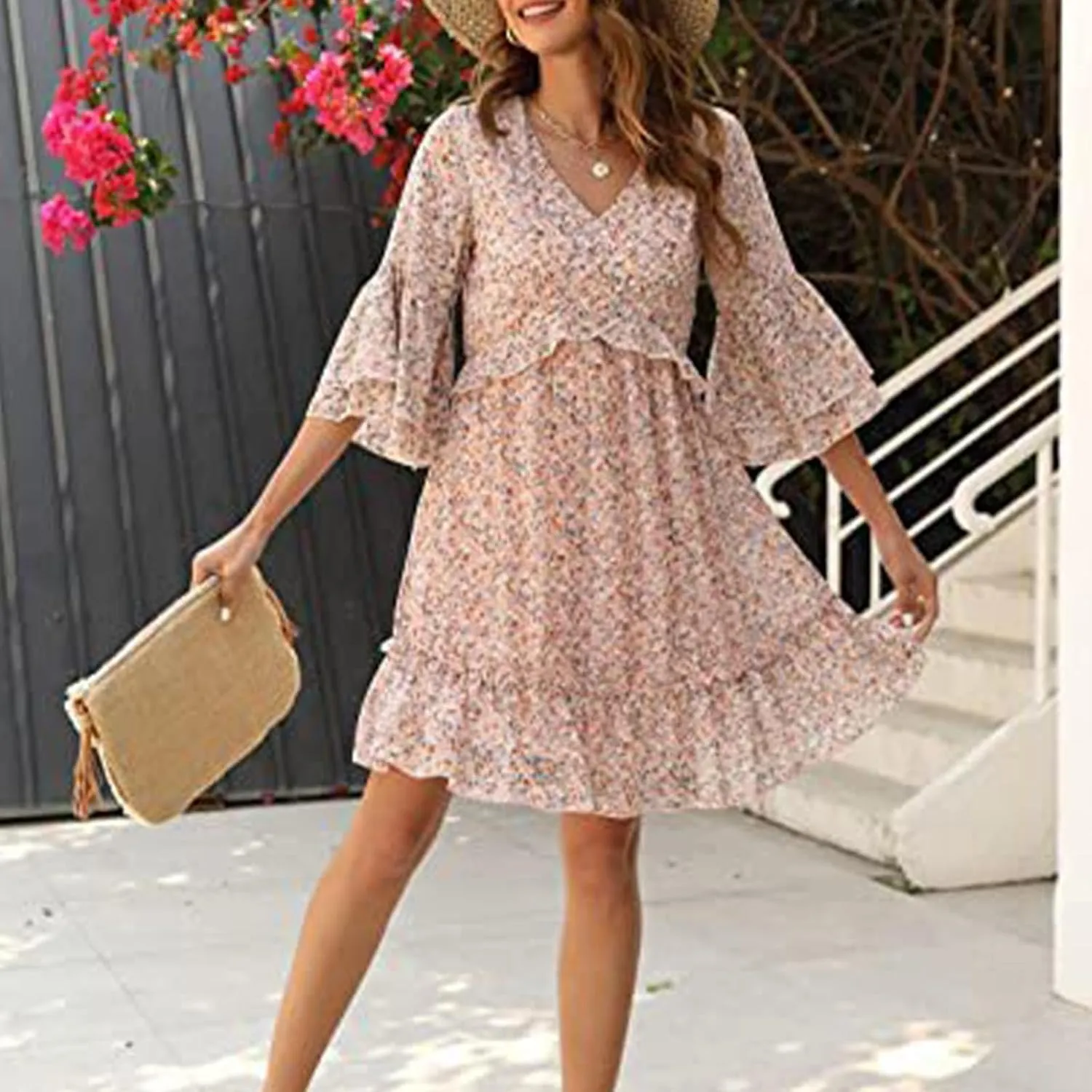 Women's Floral BohoSweet & Cute V-Neck Bell Sleeve Mini A-Line Dresses Summer Fall Casual Flowy Ruffle Chiffon Dress