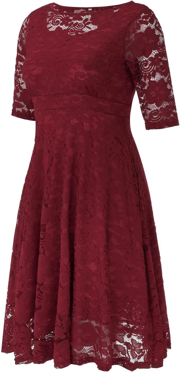 Womens Floral Lace Plus Size Midi Dress Scooped Neckline Cocktail Party Dresses Swing Plus Size Dresses
