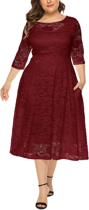 Womens Floral Lace Plus Size Midi Dress Scooped Neckline Cocktail Party Dresses Swing Plus Size Dresses