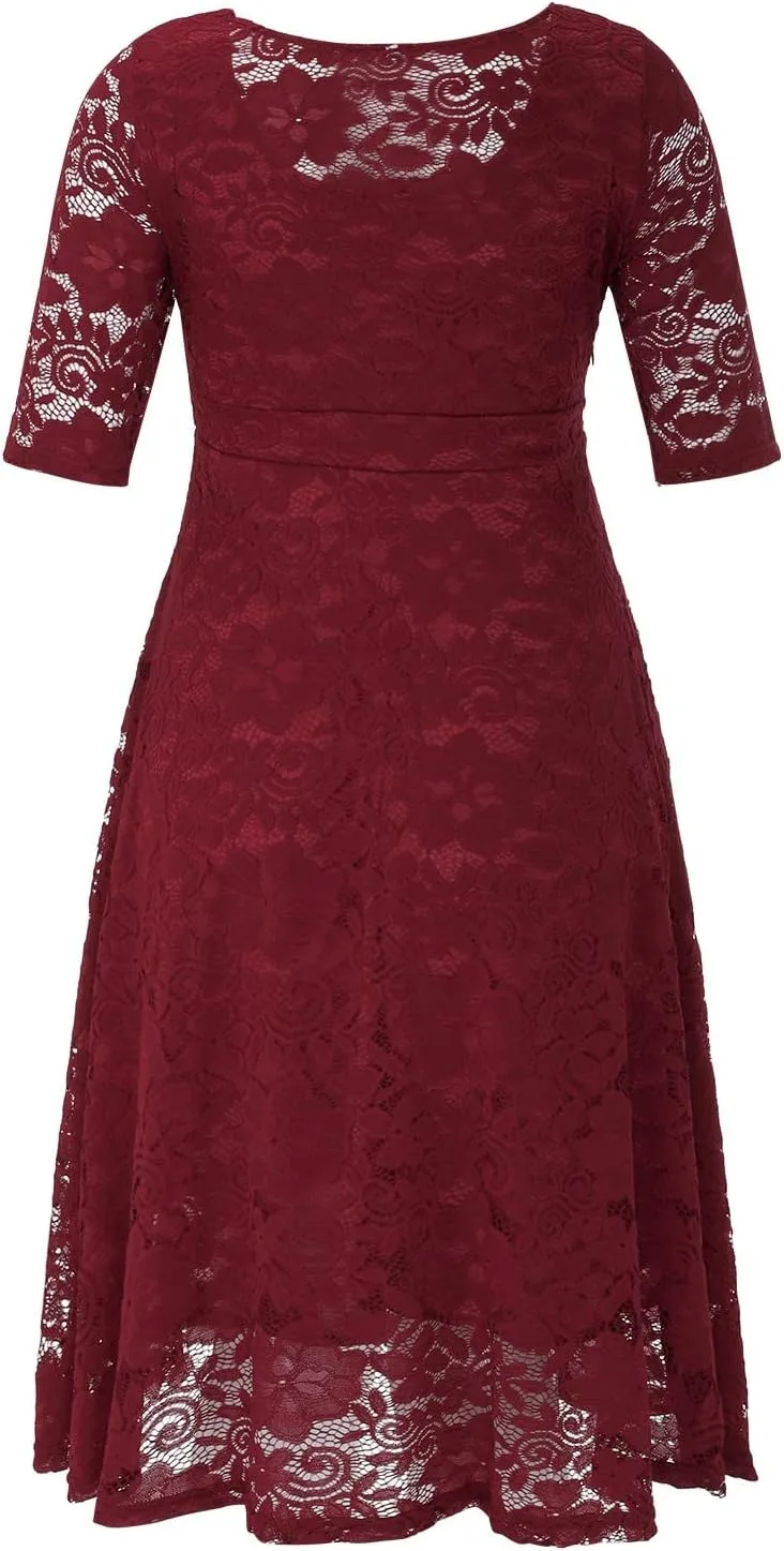 Womens Floral Lace Plus Size Midi Dress Scooped Neckline Cocktail Party Dresses Swing Plus Size Dresses
