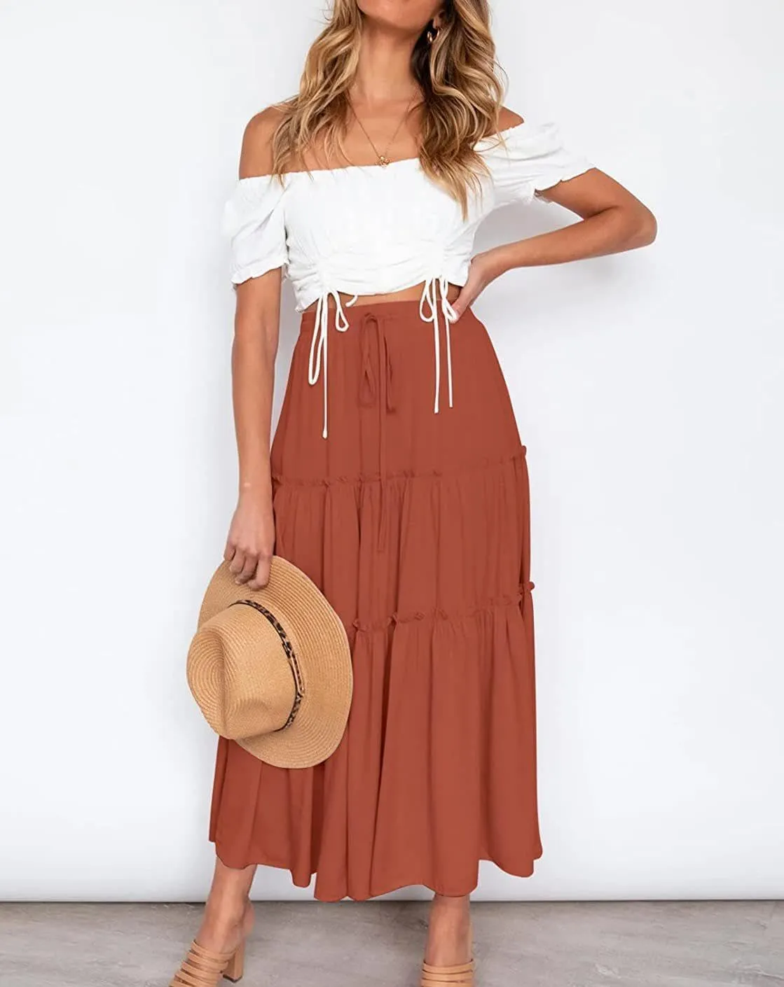 Women's Flowy Maxi Skirt A-Line Pleated Drawstring Skirt Elastic Waist Boho Summer Long Beach Dress