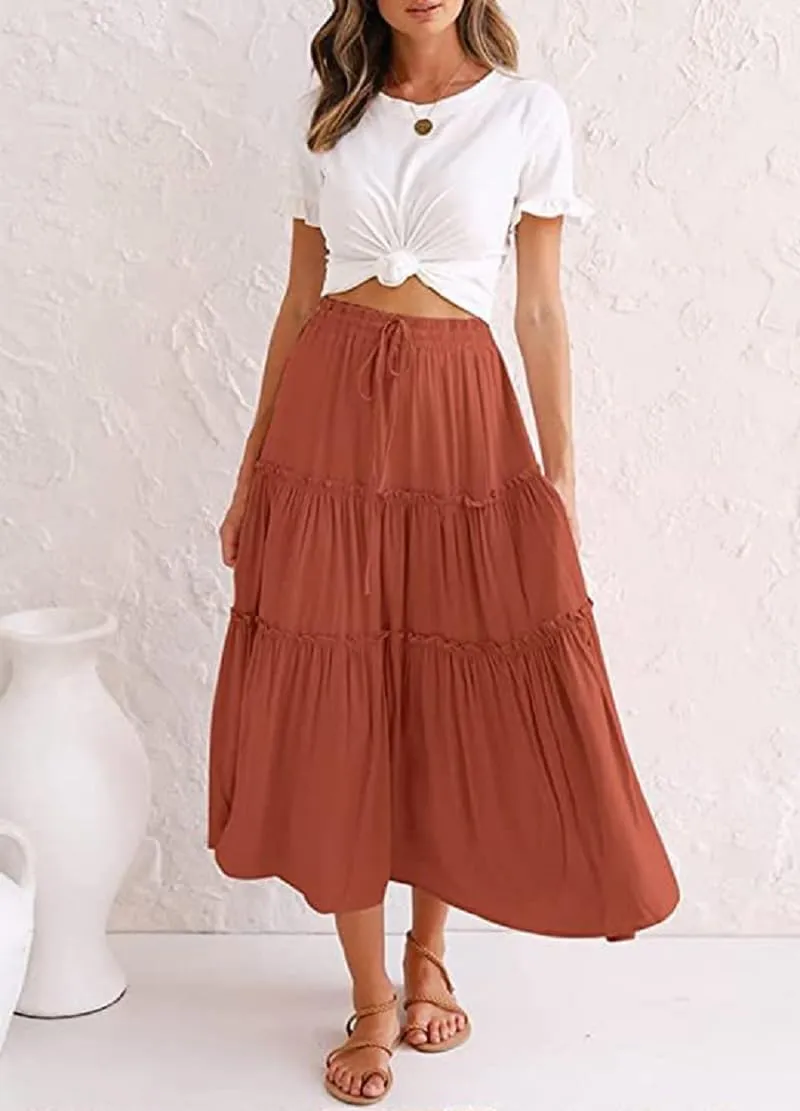 Women's Flowy Maxi Skirt A-Line Pleated Drawstring Skirt Elastic Waist Boho Summer Long Beach Dress