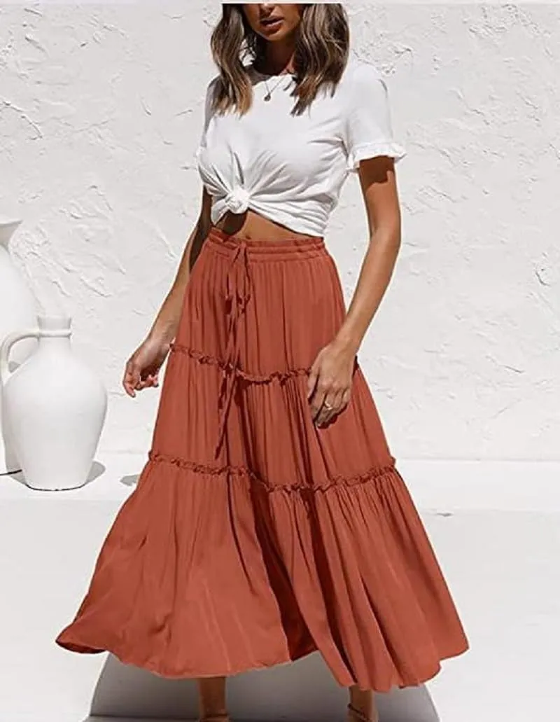 Women's Flowy Maxi Skirt A-Line Pleated Drawstring Skirt Elastic Waist Boho Summer Long Beach Dress