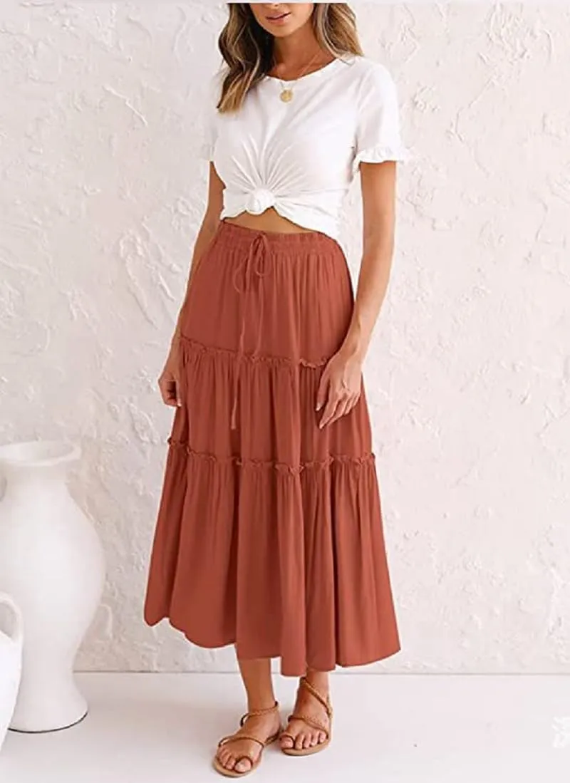Women's Flowy Maxi Skirt A-Line Pleated Drawstring Skirt Elastic Waist Boho Summer Long Beach Dress