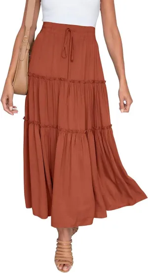 Women's Flowy Maxi Skirt A-Line Pleated Drawstring Skirt Elastic Waist Boho Summer Long Beach Dress