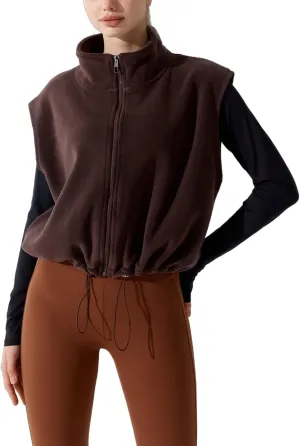 Women's Full Zip Fleece Short Vest Warm Winter Sleeveless Stand Collar Sherpa Crop Coat