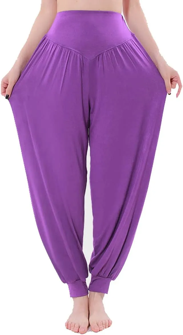 Women's Harem Pants Flowy Lounge Yoga Dance Baggy Pants Lantern Pilates Joggers Solid Elastic High Waist Trousers Purple