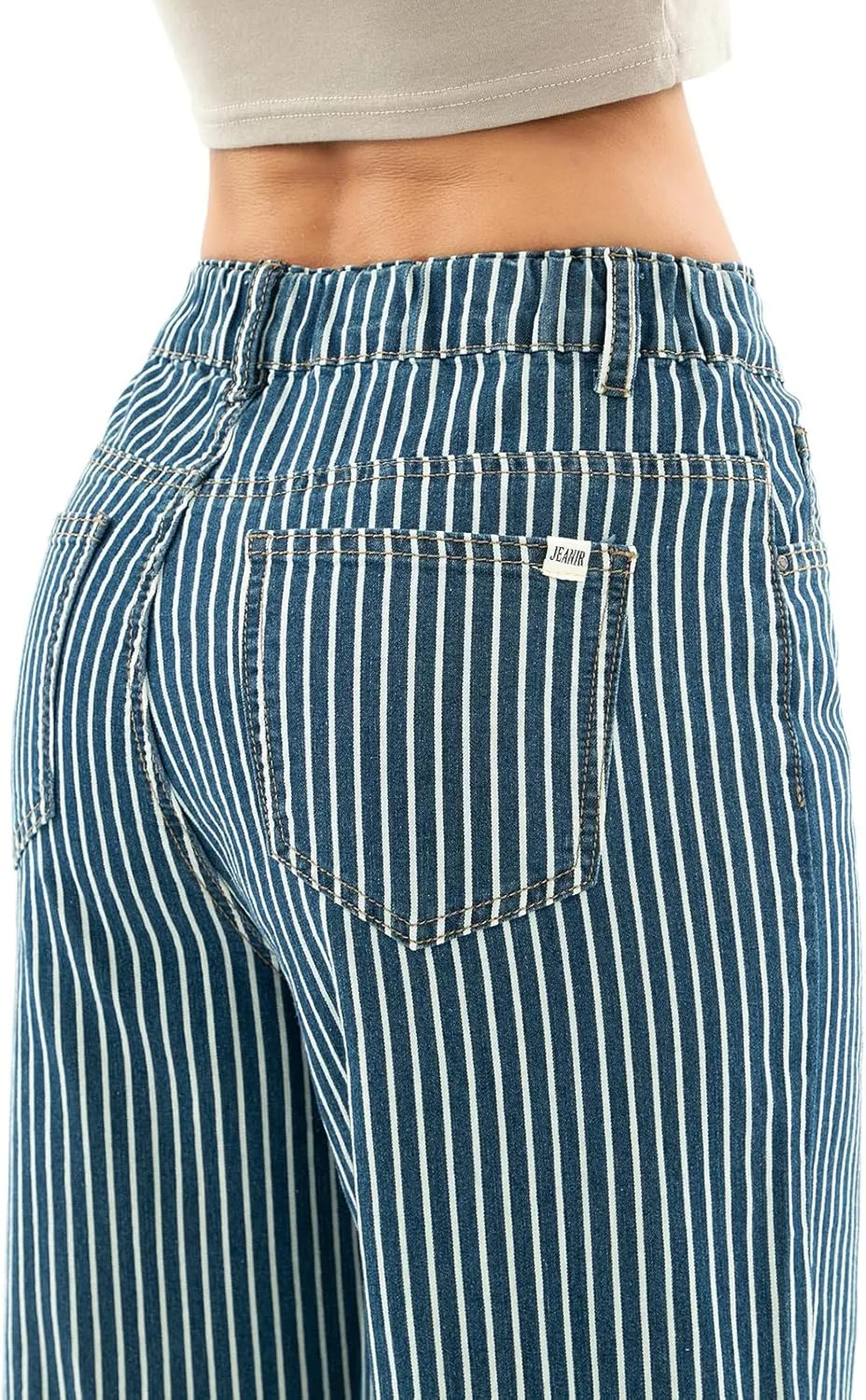 Women's High Waist Elastic Waist Wide Leg Pants Striped Straight Jeans Tummy Control Casual Denim Pant with Pocket