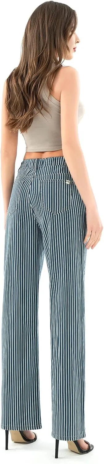 Women's High Waist Elastic Waist Wide Leg Pants Striped Straight Jeans Tummy Control Casual Denim Pant with Pocket