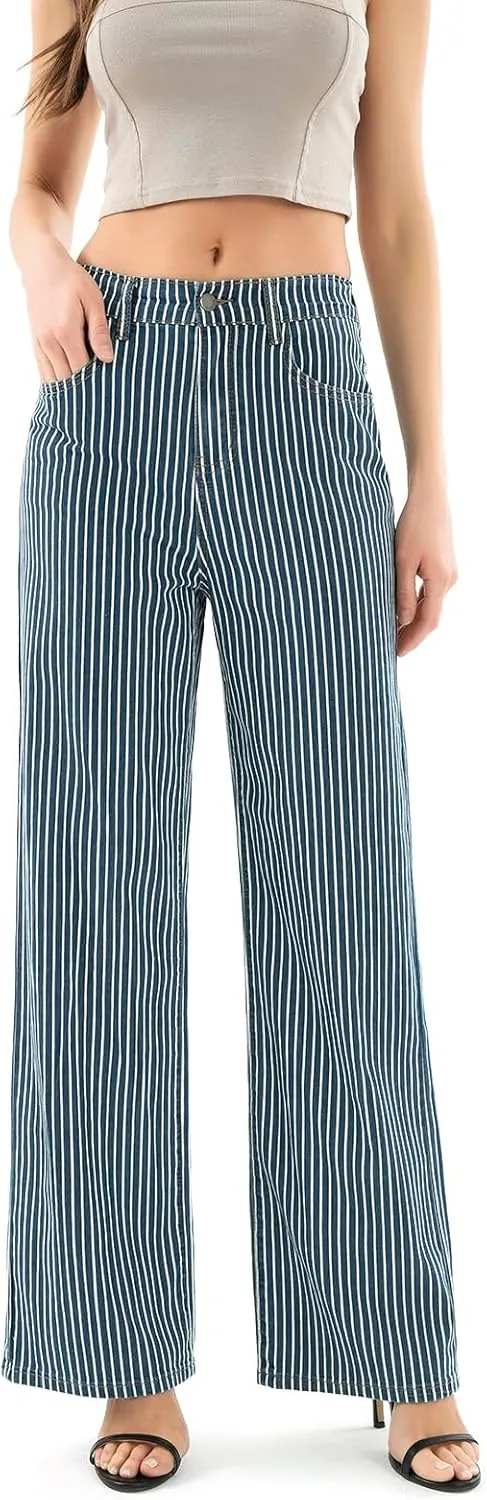 Women's High Waist Elastic Waist Wide Leg Pants Striped Straight Jeans Tummy Control Casual Denim Pant with Pocket