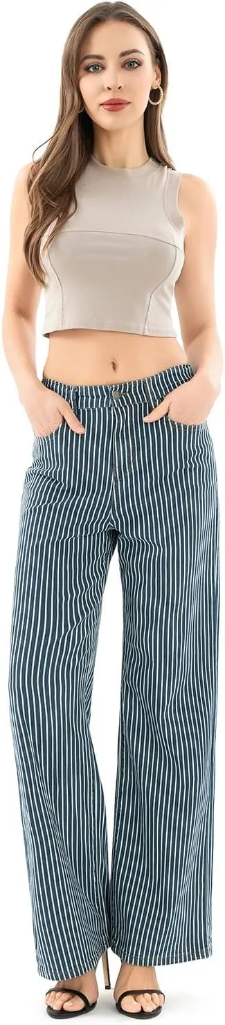 Women's High Waist Elastic Waist Wide Leg Pants Striped Straight Jeans Tummy Control Casual Denim Pant with Pocket