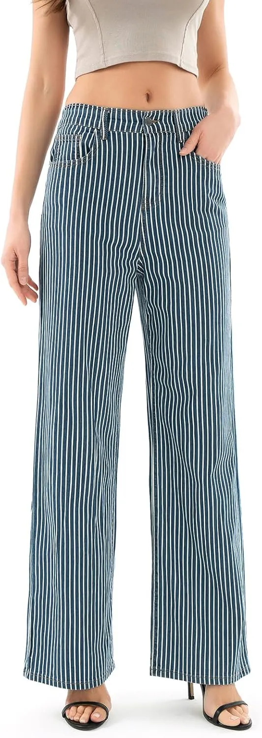 Women's High Waist Elastic Waist Wide Leg Pants Striped Straight Jeans Tummy Control Casual Denim Pant with Pocket