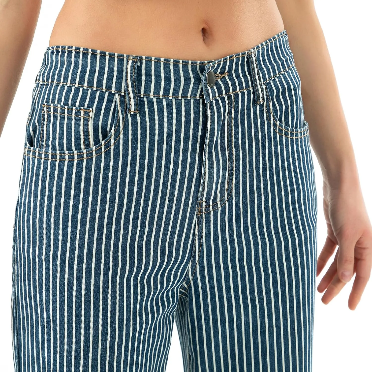 Women's High Waist Elastic Waist Wide Leg Pants Striped Straight Jeans Tummy Control Casual Denim Pant with Pocket