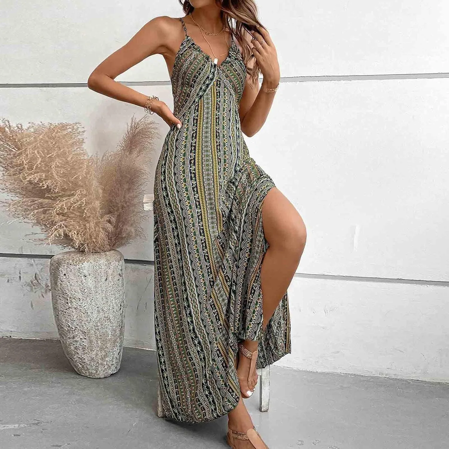 Womens Maxi Dresses Boho Ethnic Style Vintage Floral Dress Sexy V-Neck Sleeveless Side Split Summer Beach Sundress
