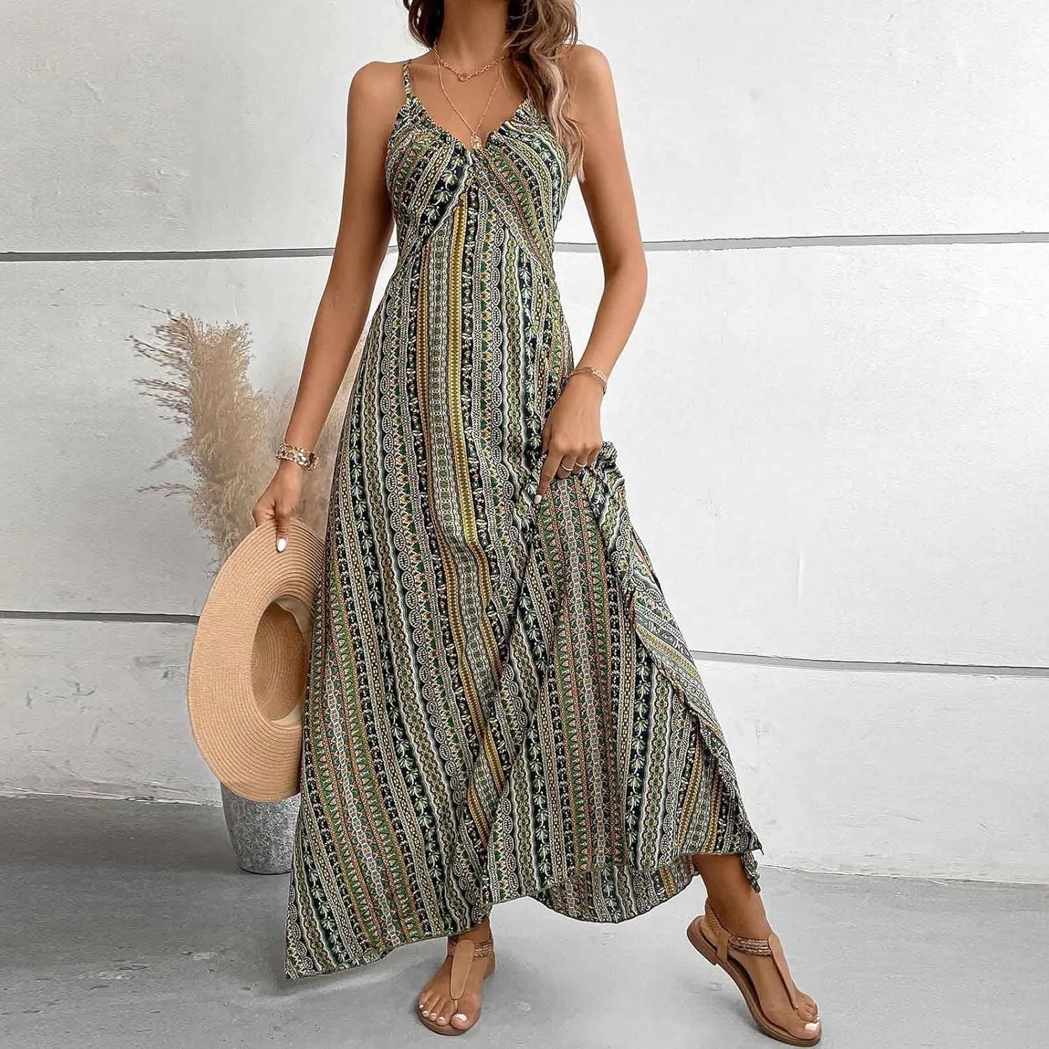 Womens Maxi Dresses Boho Ethnic Style Vintage Floral Dress Sexy V-Neck Sleeveless Side Split Summer Beach Sundress