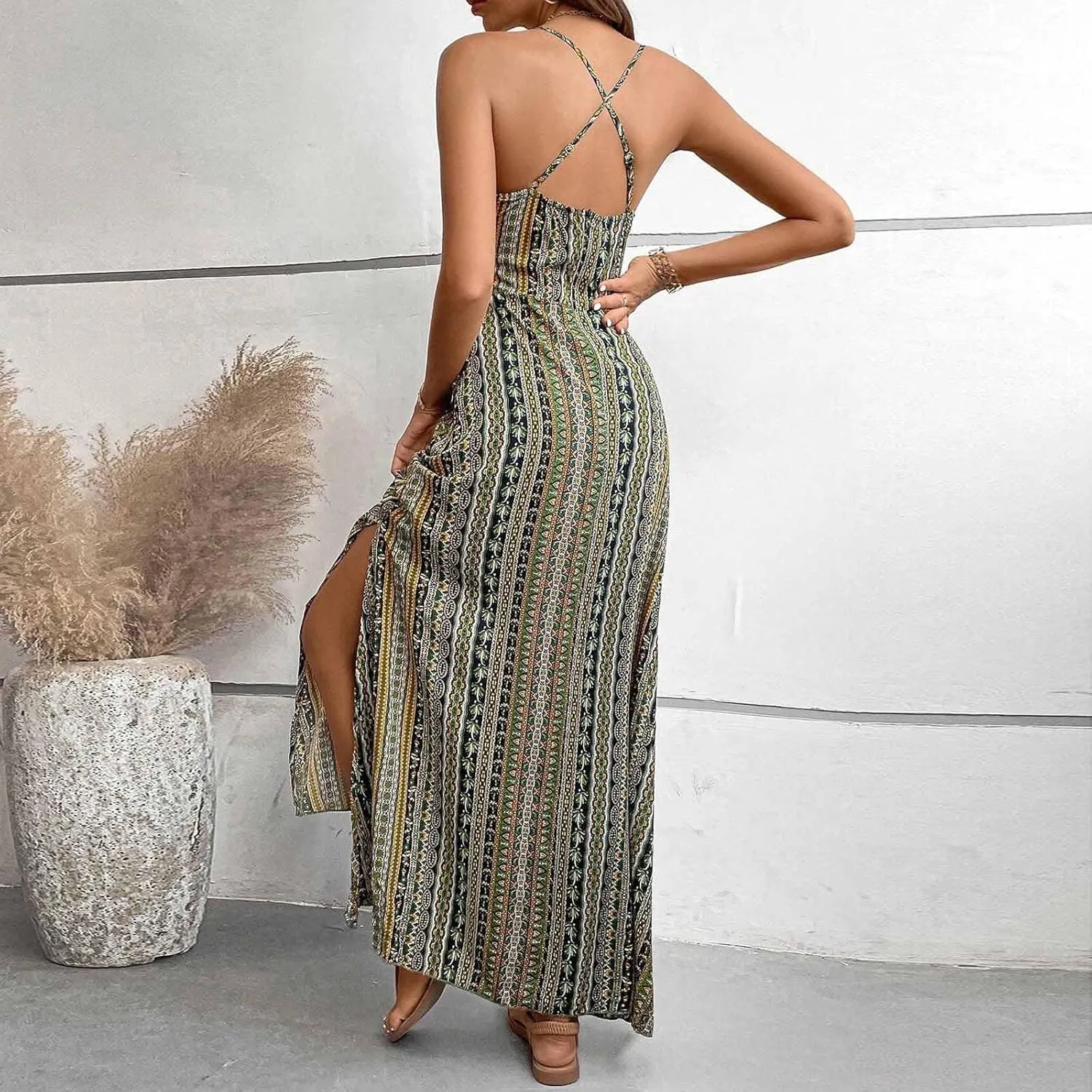Womens Maxi Dresses Boho Ethnic Style Vintage Floral Dress Sexy V-Neck Sleeveless Side Split Summer Beach Sundress