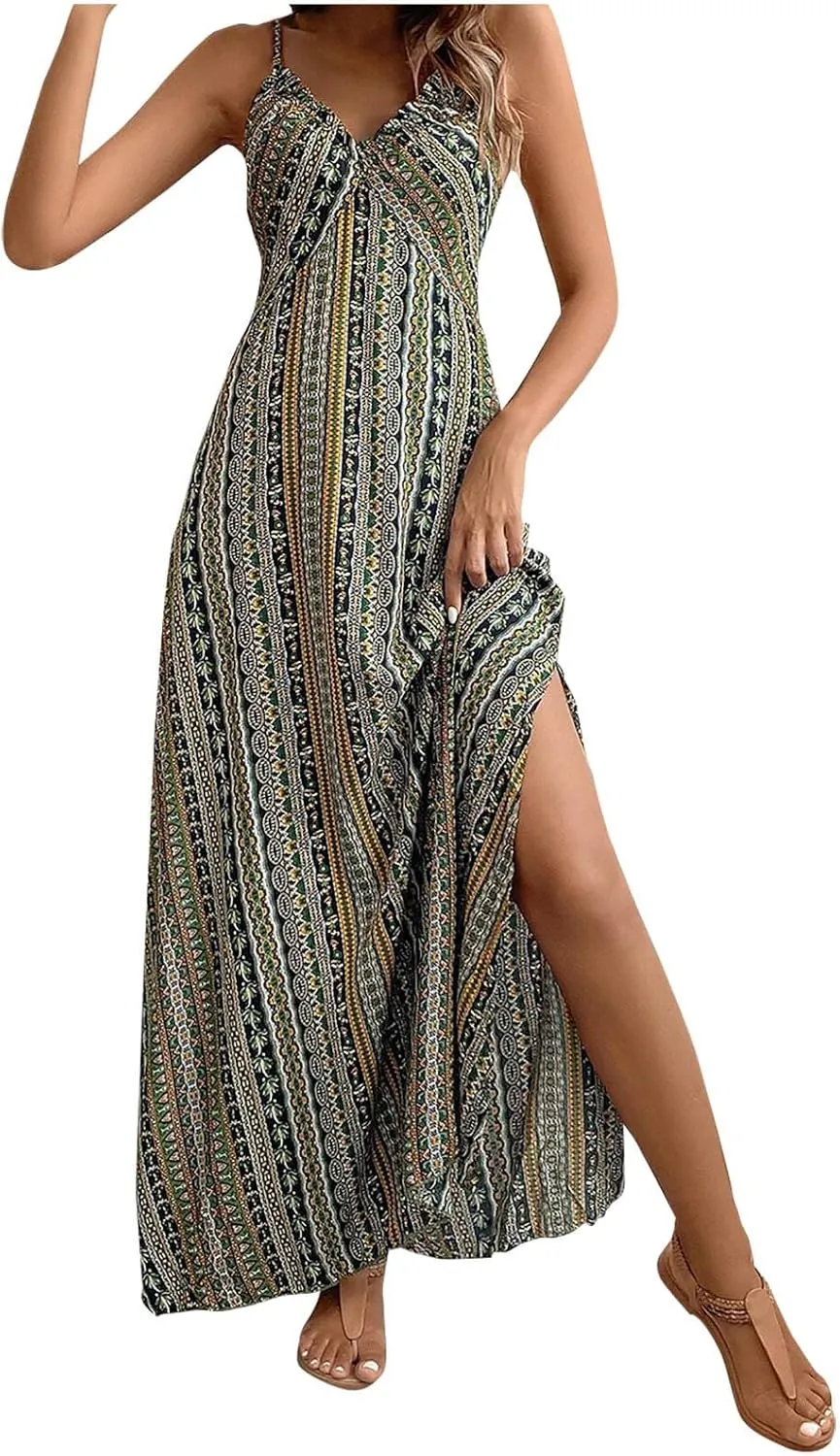 Womens Maxi Dresses Boho Ethnic Style Vintage Floral Dress Sexy V-Neck Sleeveless Side Split Summer Beach Sundress