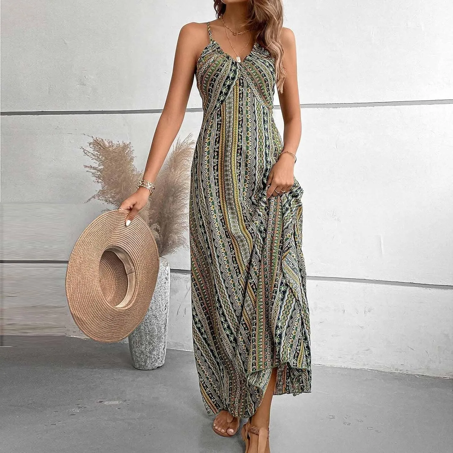 Womens Maxi Dresses Boho Ethnic Style Vintage Floral Dress Sexy V-Neck Sleeveless Side Split Summer Beach Sundress