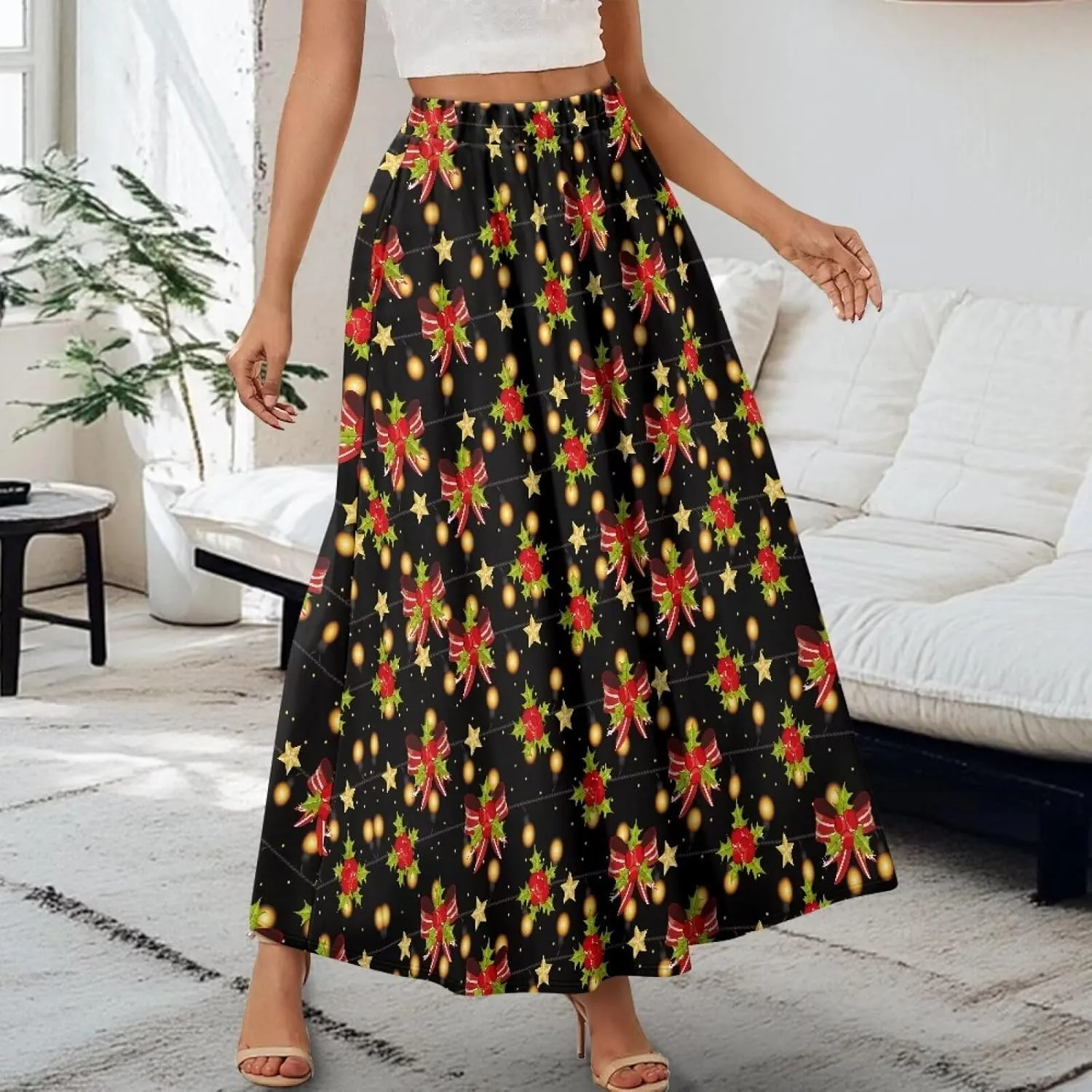 Women's Maxi High Waist Pleated Skirt with Pockets Lightweight Casual Long Skirts Flowy Swing Ankle Length