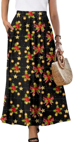 Women's Maxi High Waist Pleated Skirt with Pockets Lightweight Casual Long Skirts Flowy Swing Ankle Length