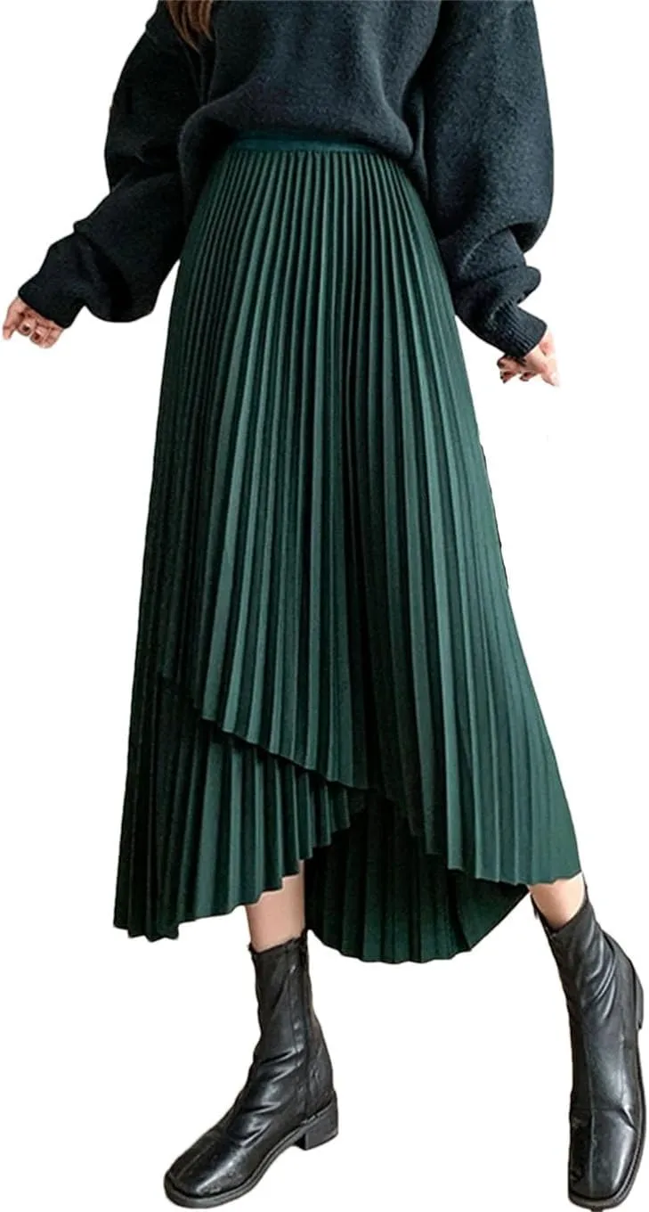 Women's Midi Pleated Skirt Asymmetrical Slim Waist Vintage A-Line Skirts Casual Skirt