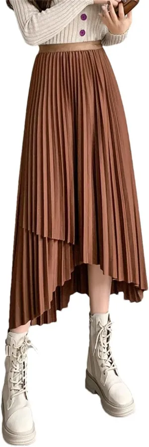 Women's Midi Pleated Skirt Asymmetrical Slim Waist Vintage A-Line Skirts Casual Skirt