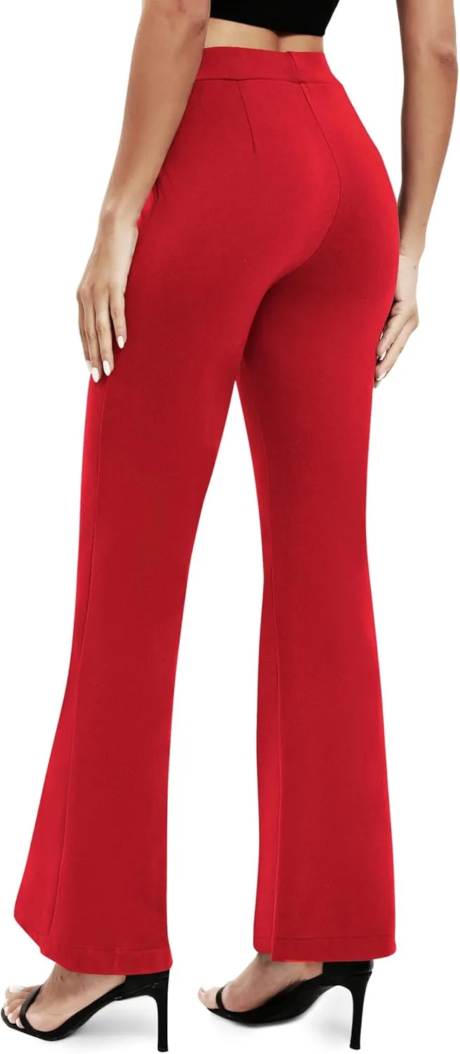Women's Office Flared Leg Casual Yoga Pants Elastic High Waist Trousers with Pockets