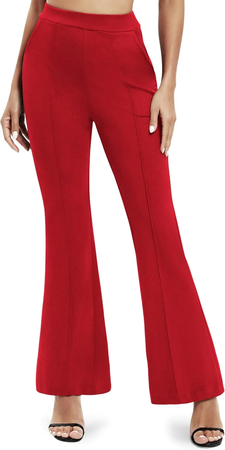 Women's Office Flared Leg Casual Yoga Pants Elastic High Waist Trousers with Pockets