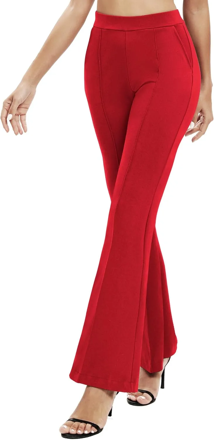 Women's Office Flared Leg Casual Yoga Pants Elastic High Waist Trousers with Pockets