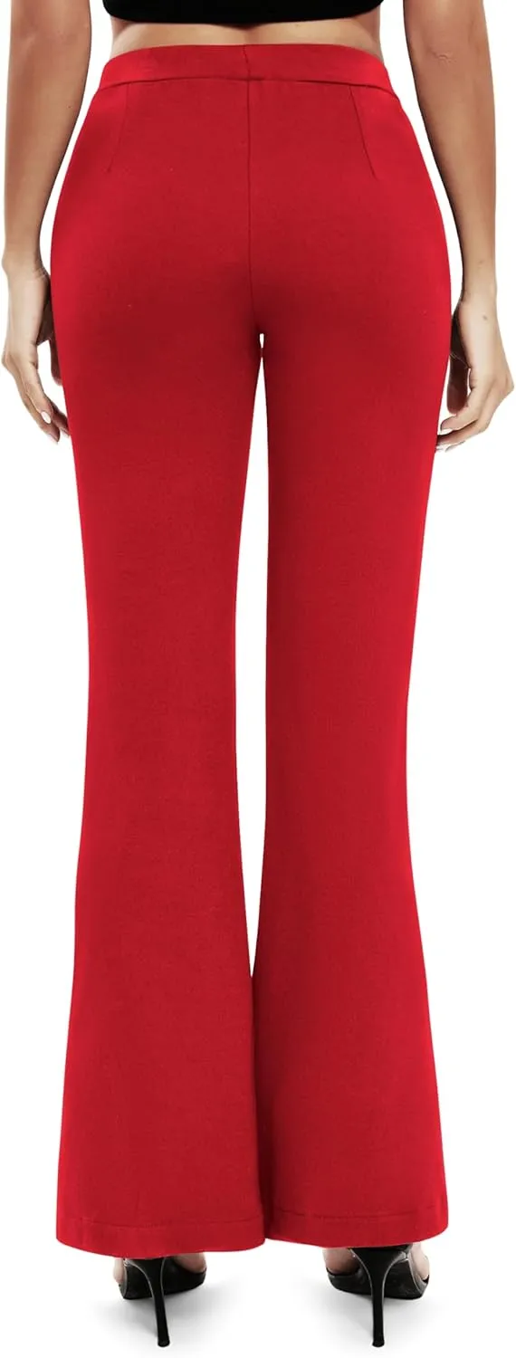 Women's Office Flared Leg Casual Yoga Pants Elastic High Waist Trousers with Pockets